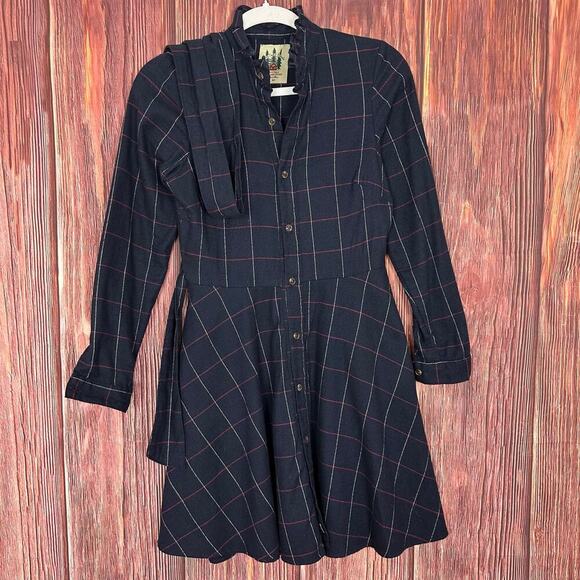 Kiel James Patrick Dresses & Skirts - Kiel James Patrick Cozy Cabin Flannel Flared Belted Dress Plaid Navy Blue Sz XS
